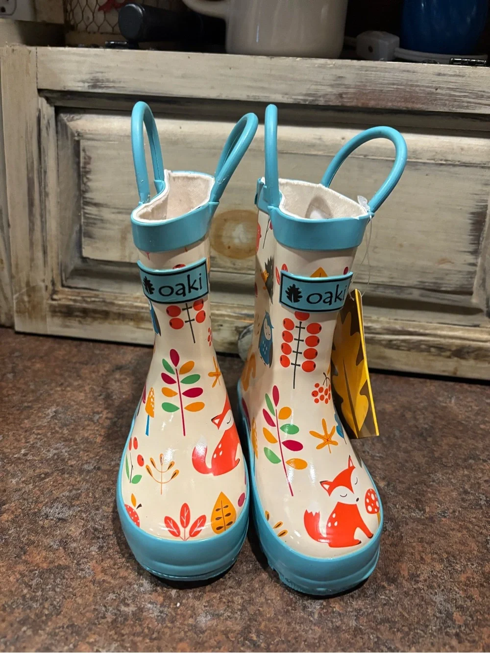 OAKI Forest Animals Kids Rain Boots in Cream with Aqua Trim